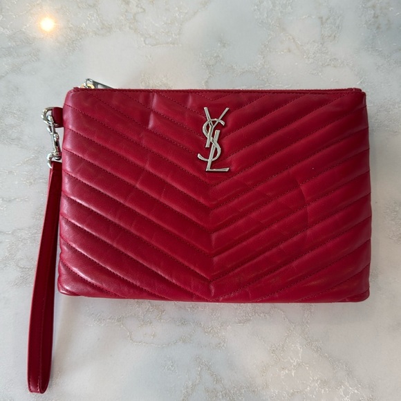 Saint Laurent red wristlet clutch with detachable strap and card slots inside - Picture 1 of 10